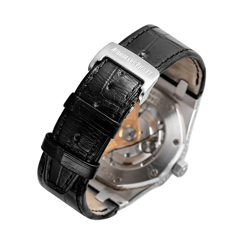 Clasp and case back view of the Custom diamond-set Audemars Piguet Royal Oak 15300 with black dial, diamond bezel, and black leather strap.