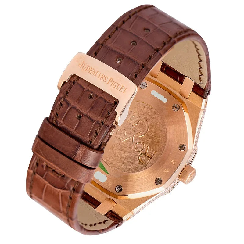 Back case view of AP Royal Oak Dual Time Rose Gold