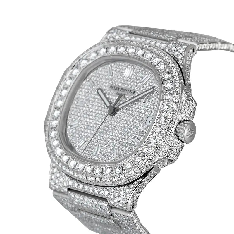 Side view of Patek Philippe Nautilus 5711A-001 with diamond paved dial and diamond set bracelet