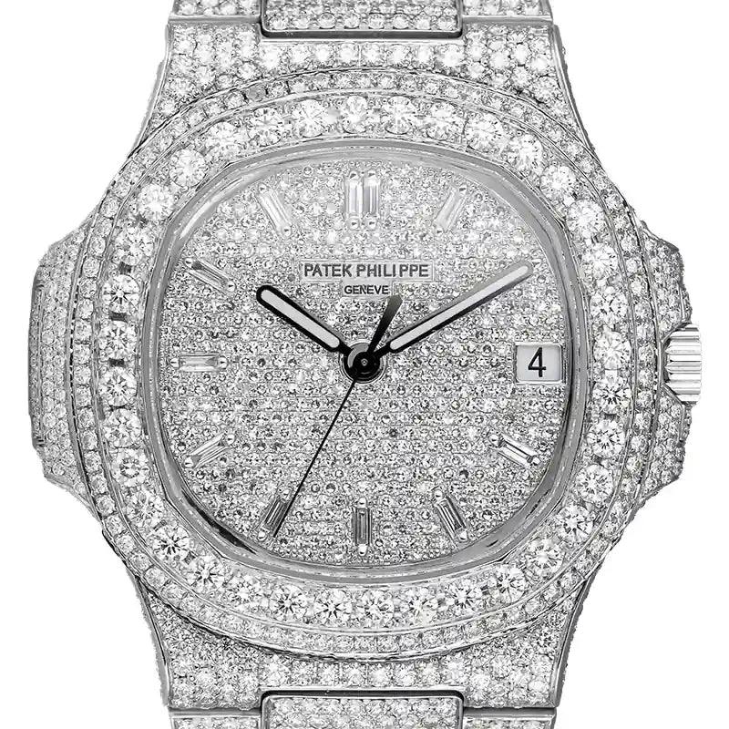 close up of the Custom Diamond Set Patek Philippe Nautilus 5711A-001 with diamond paved dial