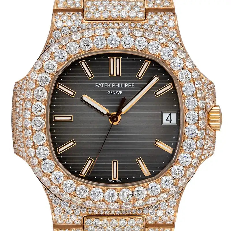 Close up Custom Diamond Set Patek Philippe Nautilus Rose Gold 5711R Watch with grey dial