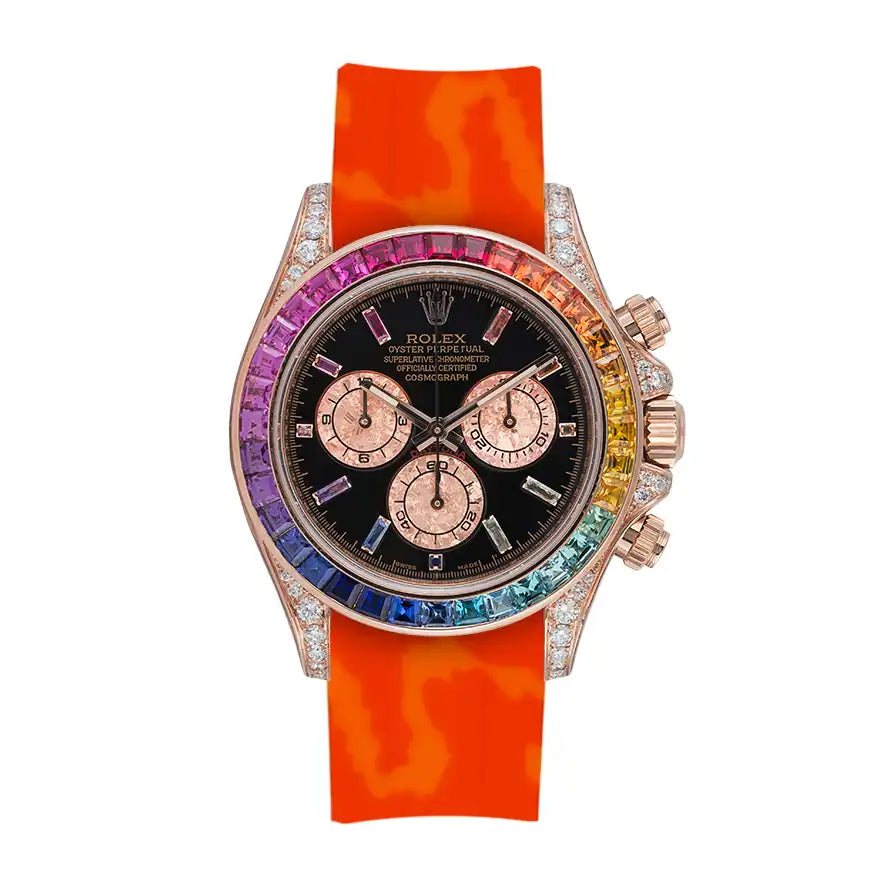 Full view - Custom Diamond Set Rainbow Rolex Daytona Orange Strap