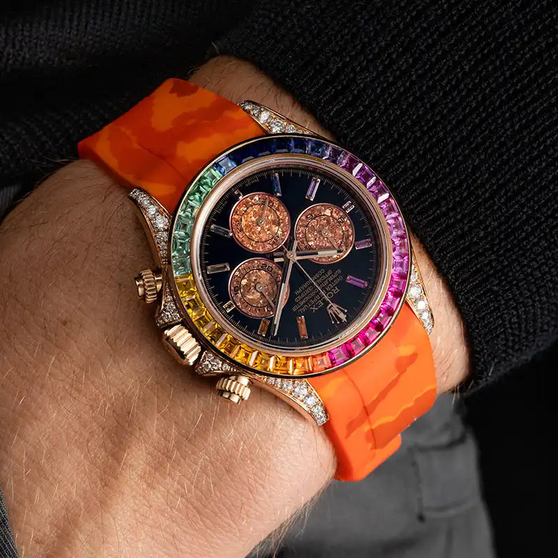 Wearing a Custom Diamond Set Rainbow Rolex Daytona Orange Strap