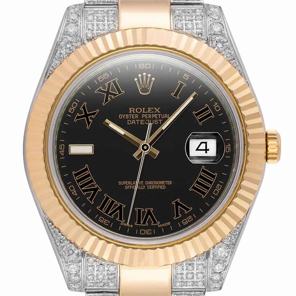 Custom Diamond Set Rolex Datejust Steel Gold Black Dial 116333