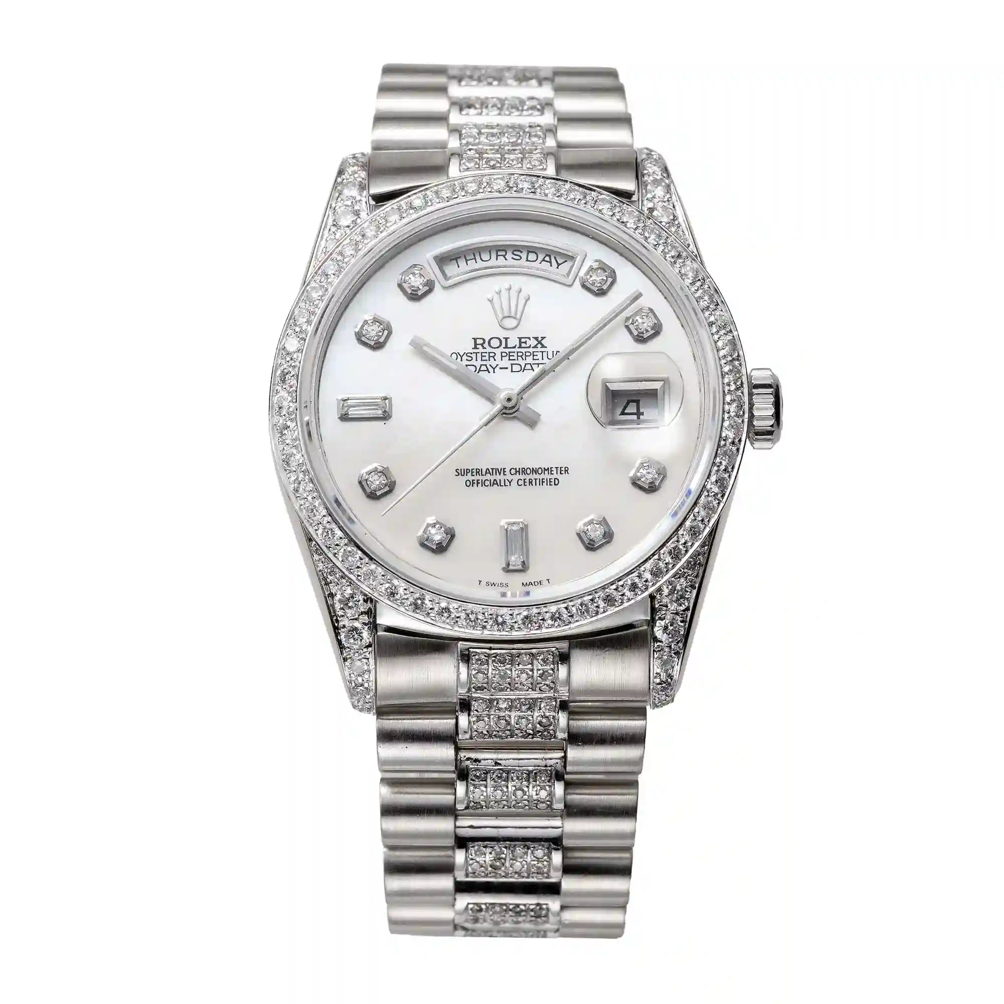 Full view of Rolex Day-Date 36 White Gold Watch MOP dial with applied diamond numerlas, lugs, bezel.