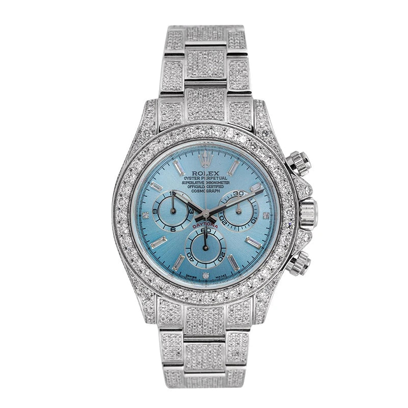 Full view of Rolex Daytona 116509 White Gold with Custom Blue Baguette Dial