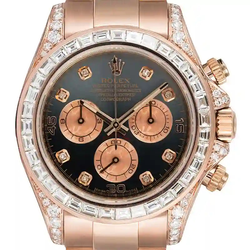 Close up - Custom Diamond Set Rolex Daytona 18ct Everose Gold