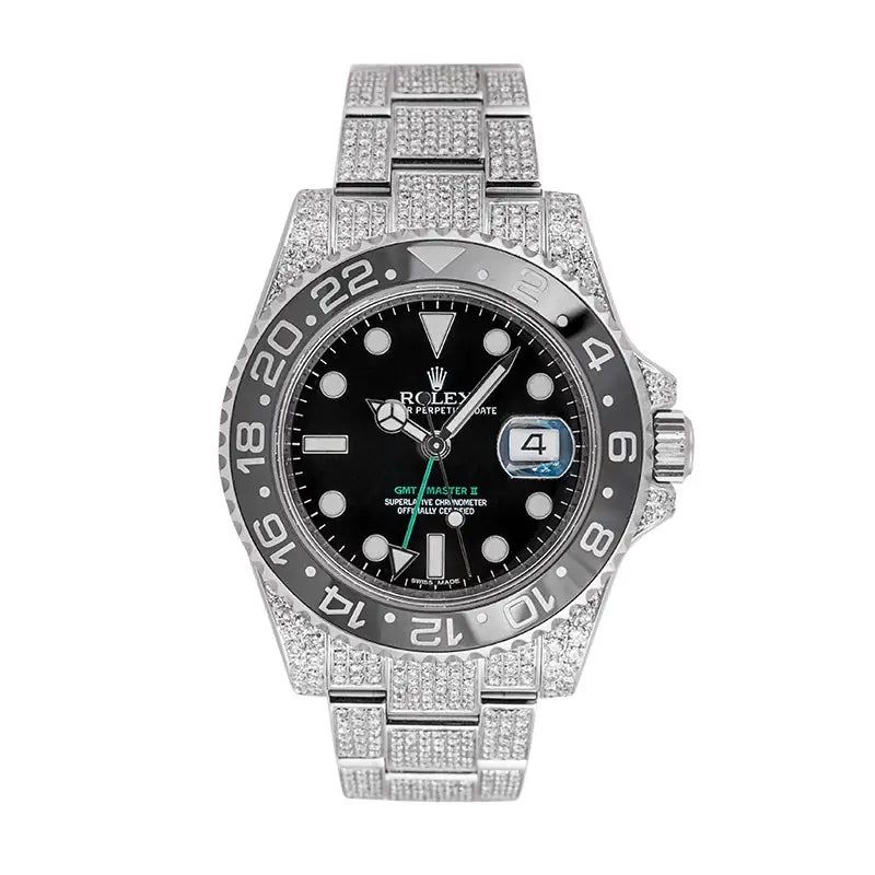 Full view of the Rolex GMT-Master II watch reference 116710LN in stainless steel with black dial, black ceramic bezel and diamonds.