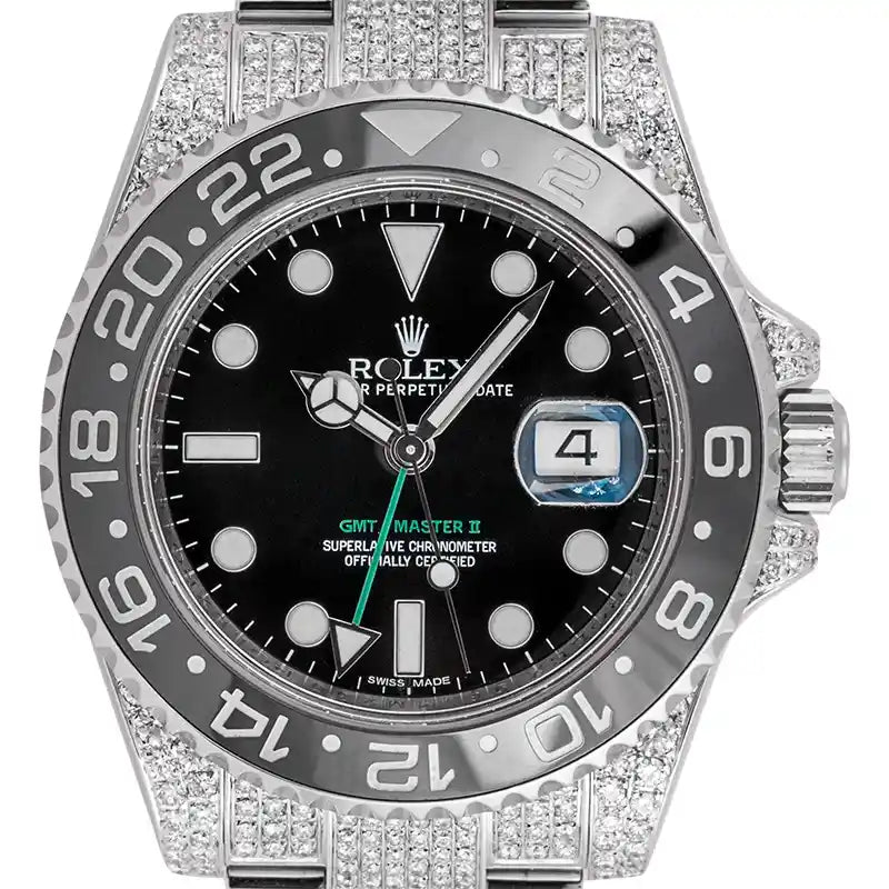 Close up of the Rolex GMT-Master II watch reference 116710LN in stainless steel with black dial, black ceramic bezel and diamonds.