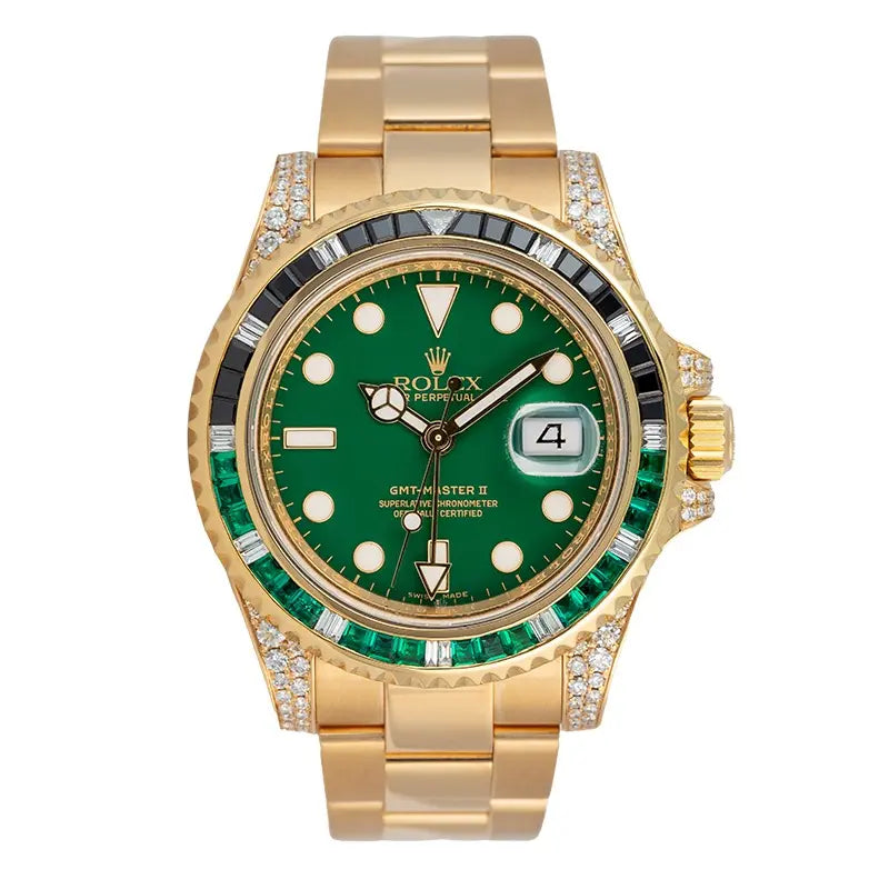 Full view - Custom Diamond Set Rolex GMT-Master II Yellow Gold Green/Black Bezel 116718LN