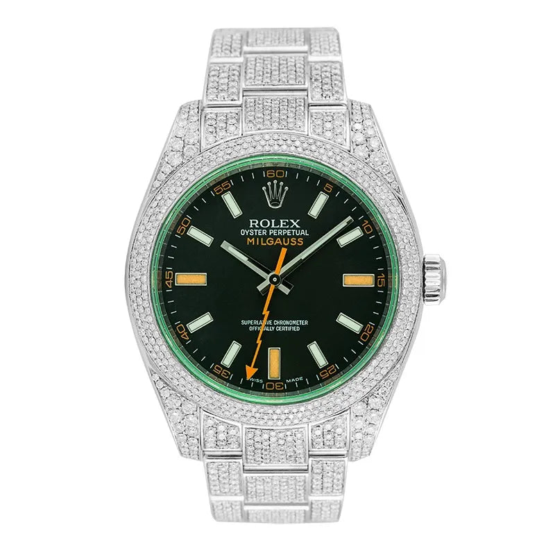 Full view - Custom Diamond Set Rolex Milgauss Steel 116400GV Watch