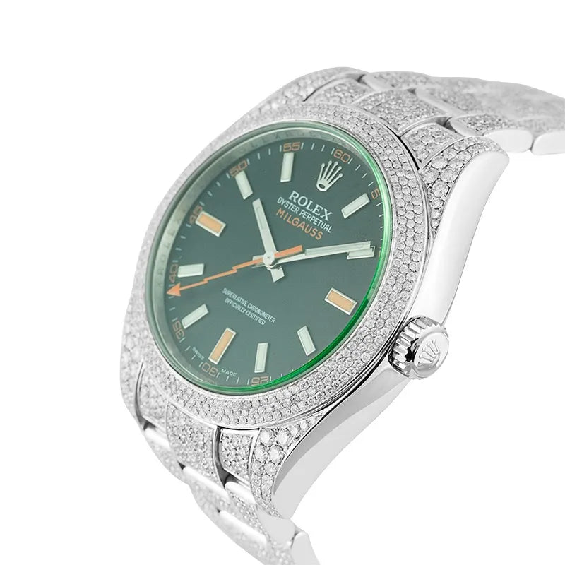 Side view - Custom Diamond Set Rolex Milgauss Steel 116400GV Watch