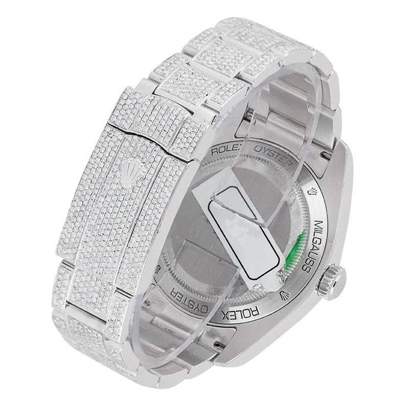 Back view - Custom Diamond Set Rolex Milgauss Steel 116400GV Watch
