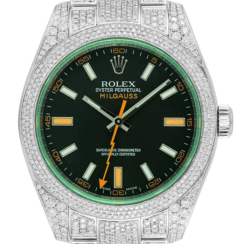 Close up - Custom Diamond Set Rolex Milgauss Steel 116400GV Watch