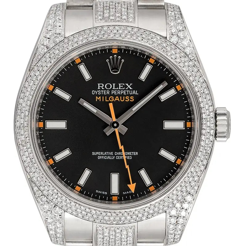 Close up - Custom Diamond Set Rolex Milgauss with Black Dial 116400