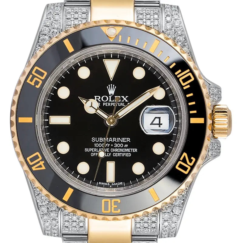 Close up - Custom Diamond Set Rolex Submariner Date 116613LN Steel and 18ct Yellow Gold
