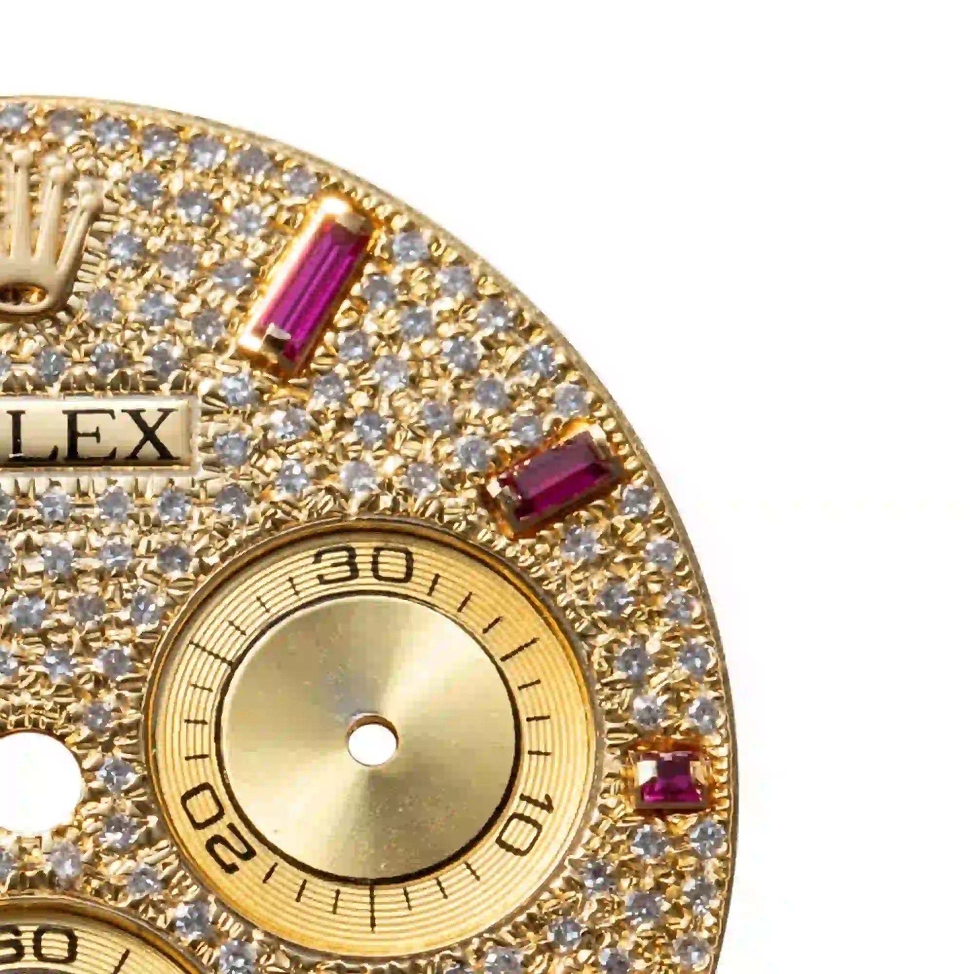 Close Up - Custom Yellow Gold Diamond Set Ruby Dial Rolex Daytona