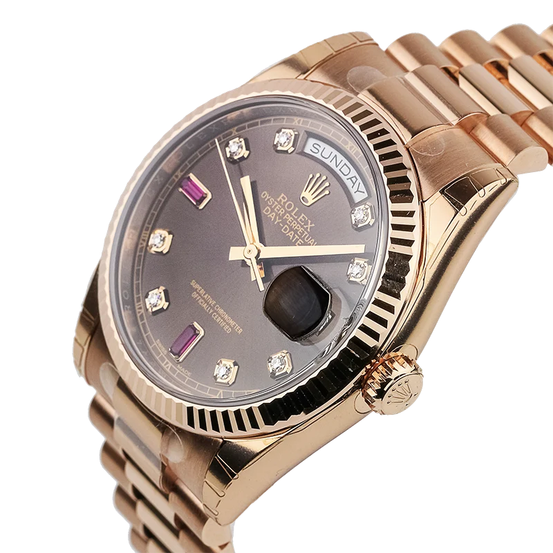 Side view of Rolex Day-Date 36mm Rose Gold Chocolate Diamond President 118235