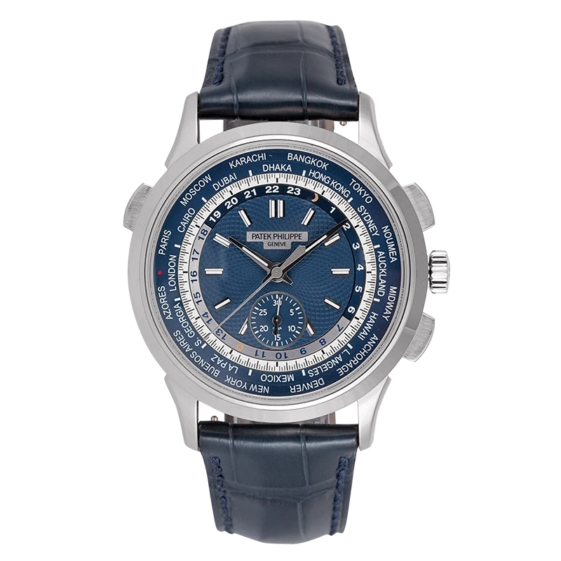 Full view of the Close up of the Patek Philippe Complications watch reference 5930G-001 in White Gold with Blue Leather Strap and blue dial