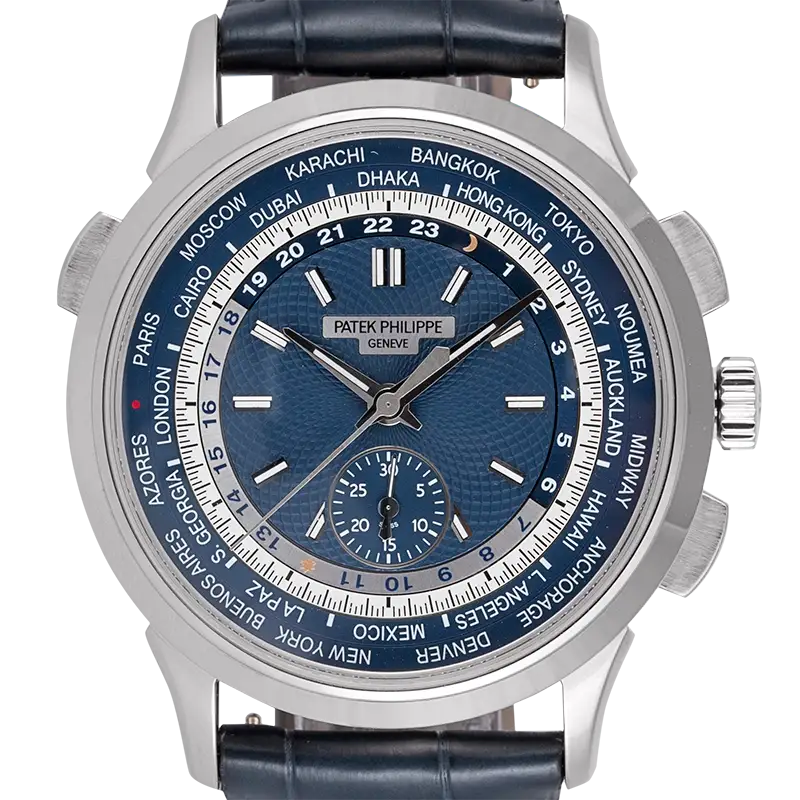 Close up of the Patek Philippe Complications watch reference 5930G-001 in White Gold with Blue Leather Strap and blue dial