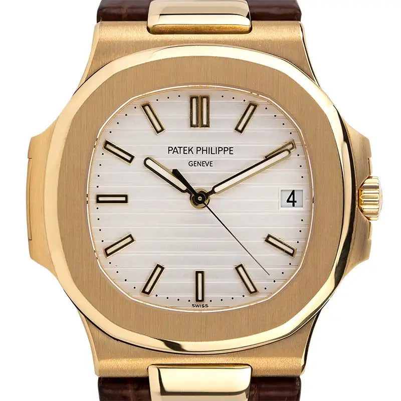 close up - PP Nautilus 5711J Yellow Gold White Dial Leather Strap Watch