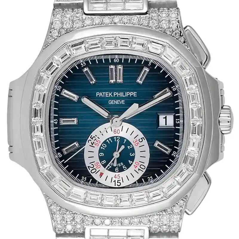 Close up - PP Nautilus 5980 Stainless Steel Custom Diamond Set Blue/Diamonds