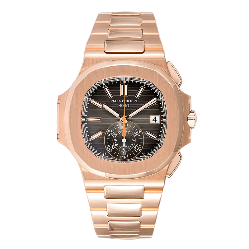Full view of the Patek Philippe Nautilus watch reference 59801R-001 in Rose Gold with brown grey dial