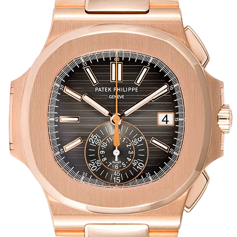 Close up of the Patek Philippe Nautilus watch reference 59801R-001 in Rose Gold with brown grey dial