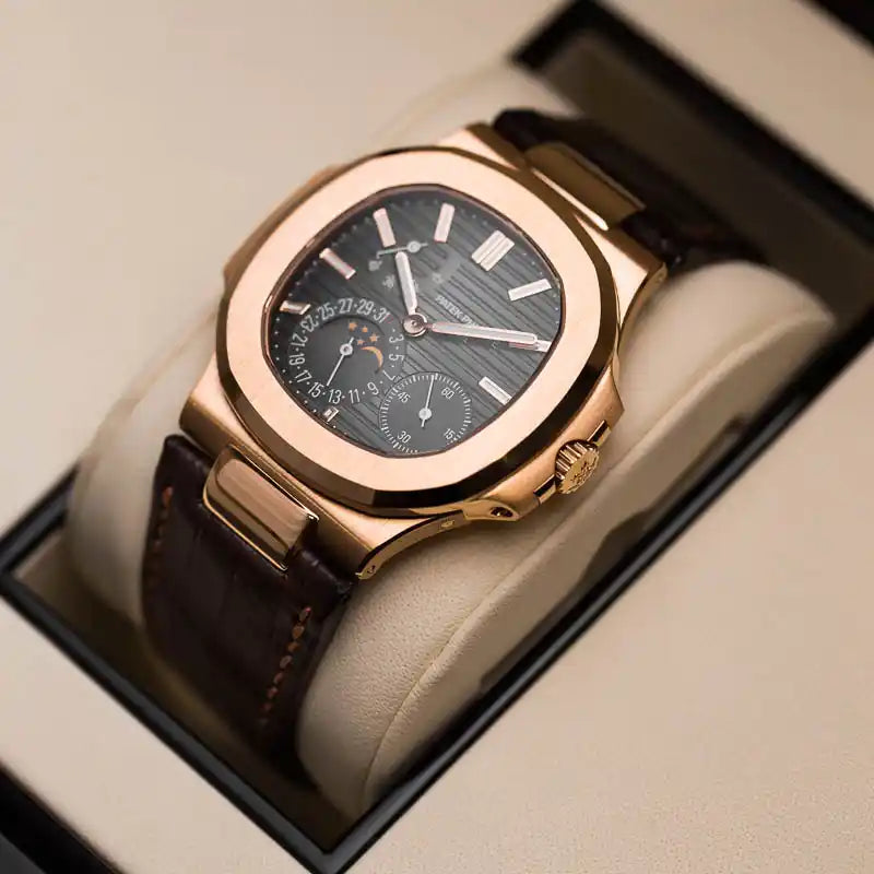 Box view - Patek Philippe Nautilus Rose Gold & Leather 5712R-001