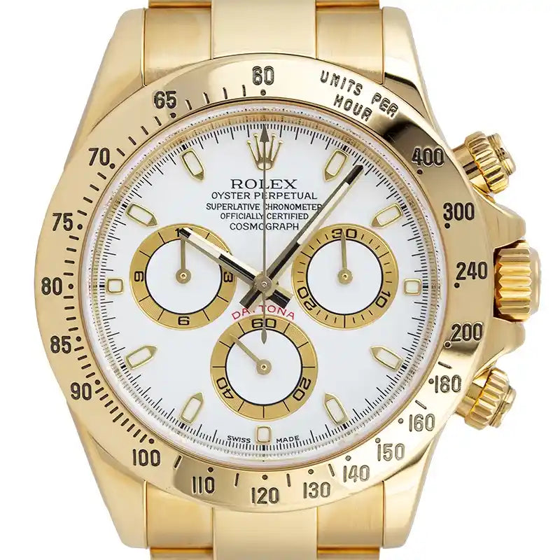 A close up of Pre-Owned Rolex Daytona 18ct Yellow Gold White Dial