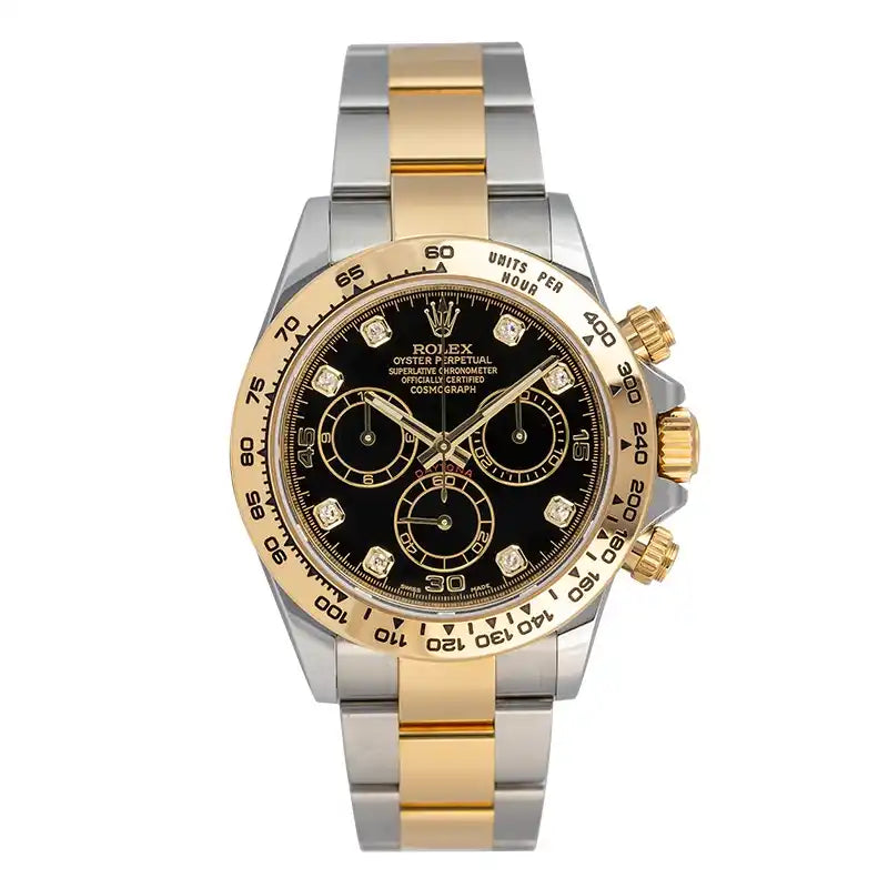 Full view of Pre-Owned Rolex Daytona Steel & Yellow Gold Black/Diamonds Dial