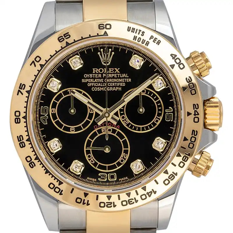 Close up of Pre-Owned Rolex Daytona Steel & Yellow Gold Black/Diamonds Dial
