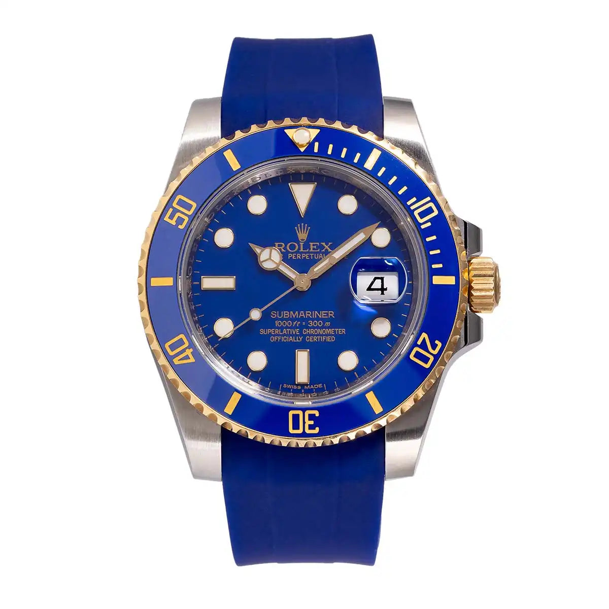 Full view of the Rolex Submariner Date in yellow gold and steel with a blue dia ref. 116613LB and paired with a blue Horus Rubber Strap
