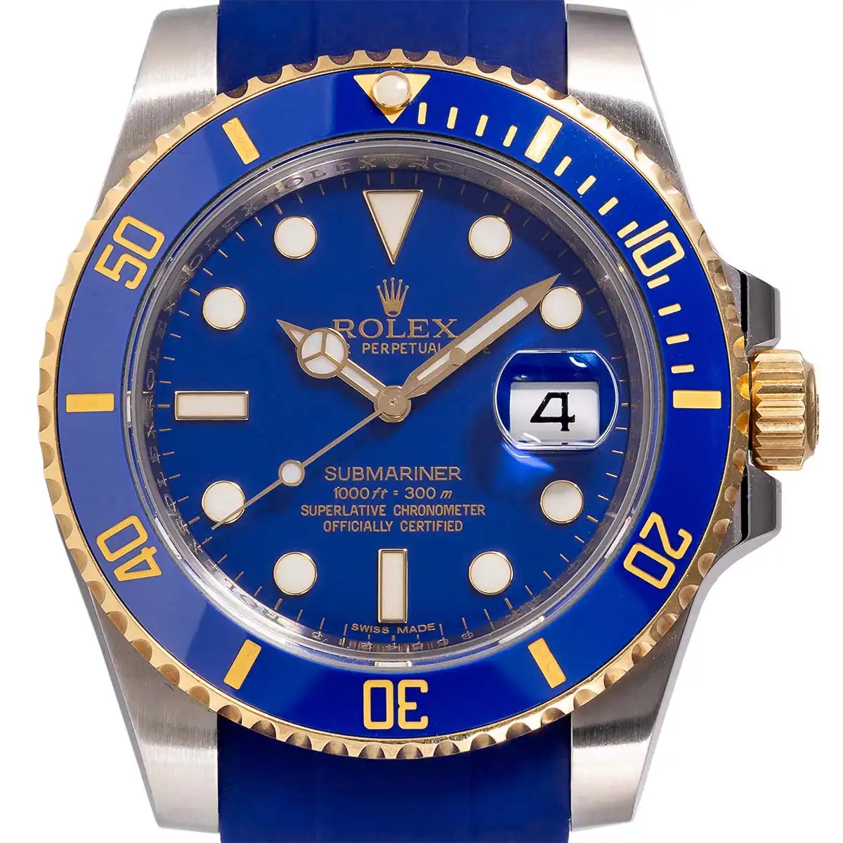 Close up of the Rolex Submariner Date in yellow gold and steel with a blue dia ref. 116613LB and paired with a blue Horus Rubber Strap