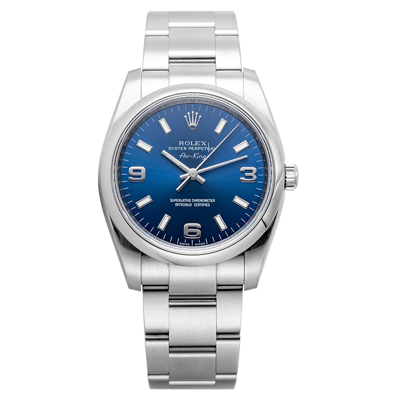 Full view of the Rolex Air-King 34mm in stainless steel with Blue Dial ref. 114200
