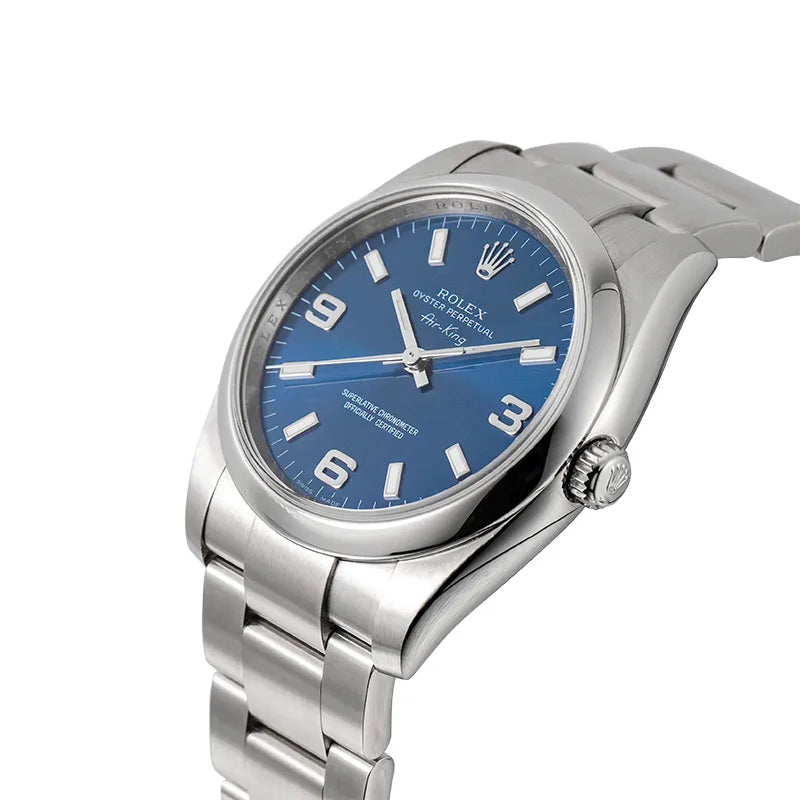 Side view of the Rolex Air-King 34mm in stainless steel with Blue Dial ref. 114200
