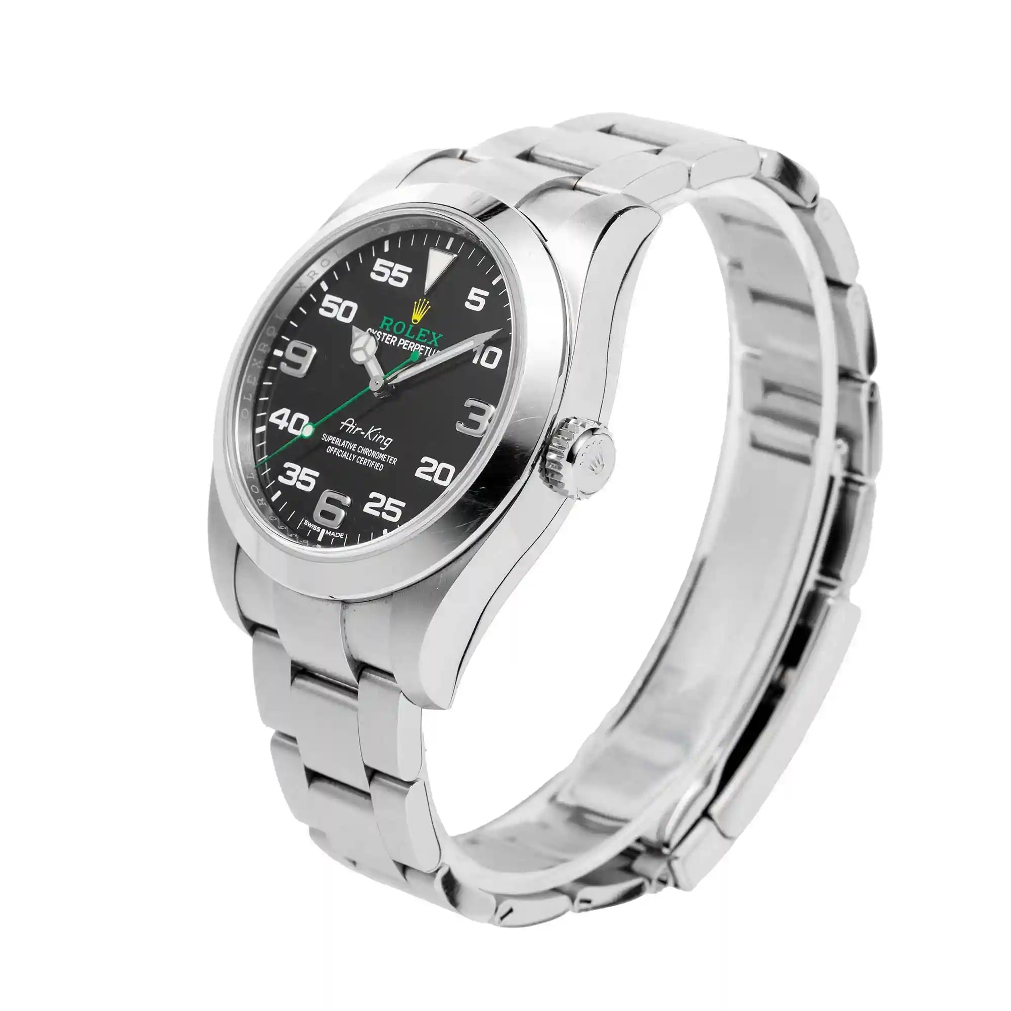Side view of Rolex Air-King Steel Black Dial Watch 116900