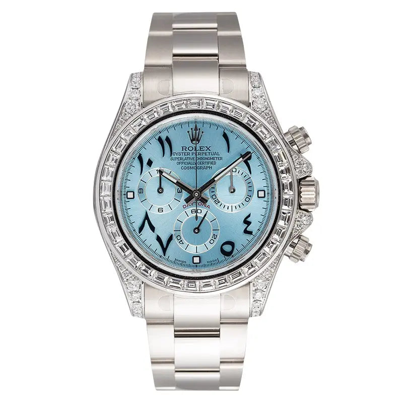 Full view of Cosmograph Daytona 116509 custom blue dial with Arabic-Indic numerals
