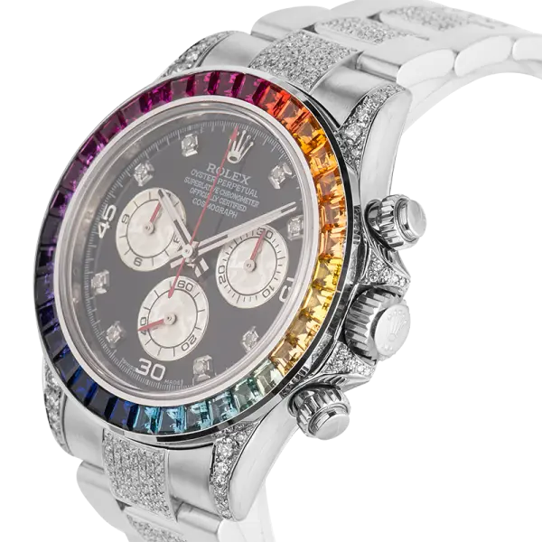 Side view of Rolex 116520 steel diamond set with rainbow diamond bezel