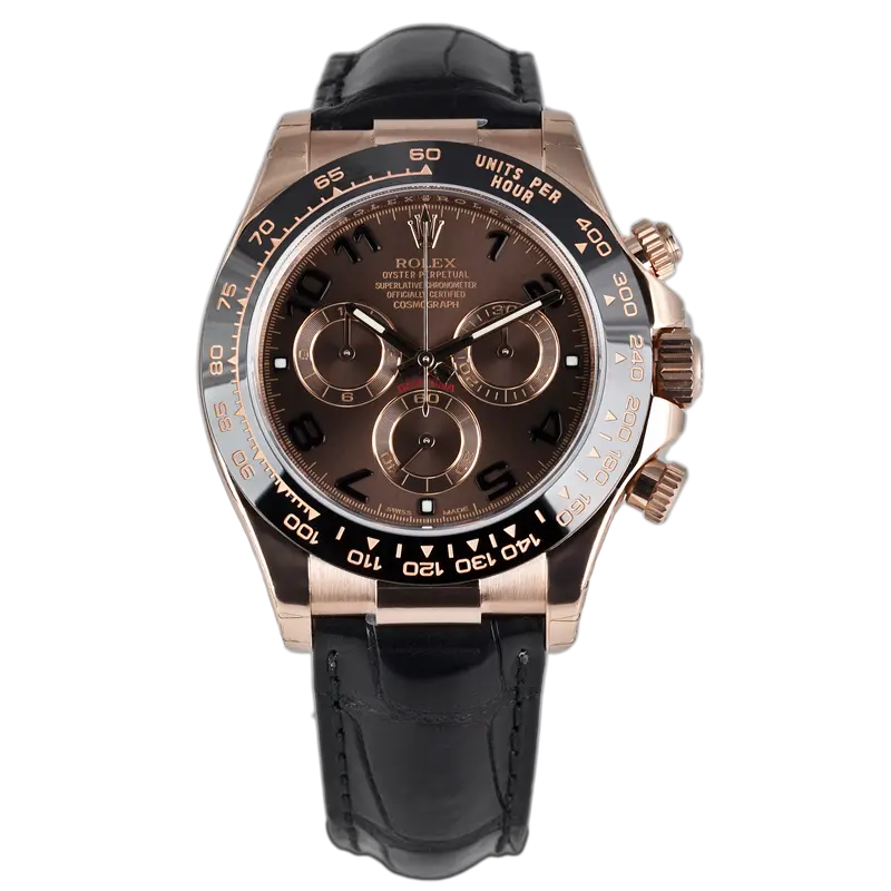 Full view of Rolex Cosmograph Daytona rose gold chocolate arab leather