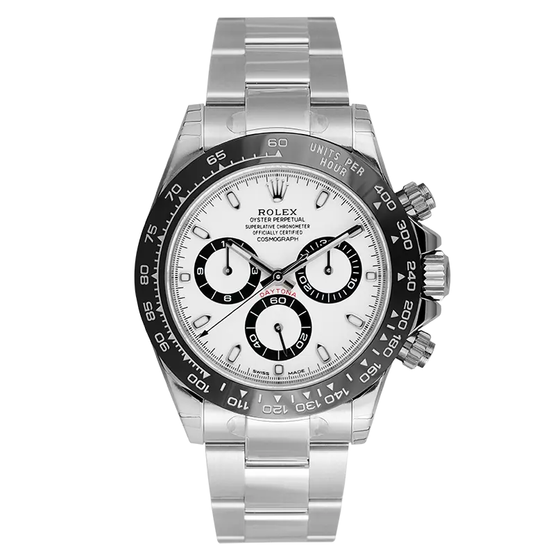 Full view of Rolex 116500LN with a white dial and black ceramic bezel