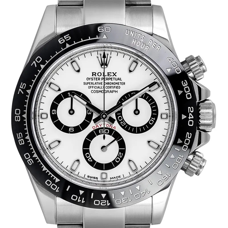 Close up of the Rolex Cosmograph Daytona in Stainless Steel with White Dial and black ceramic bezel reference 116500LN