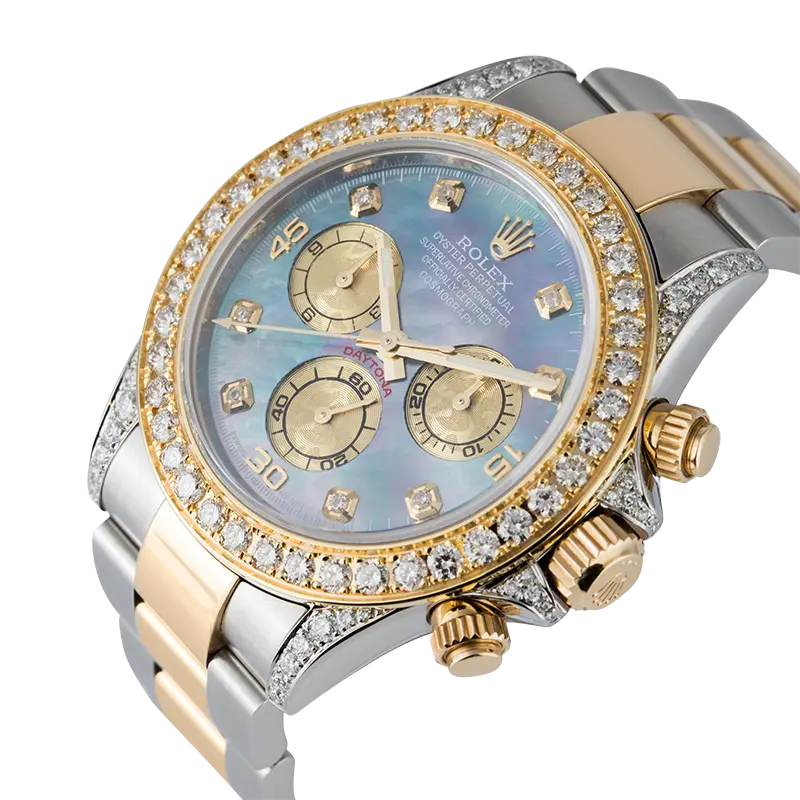 Side view of Cosmograph Daytona 116523 custom round brilliant diamonds bezel