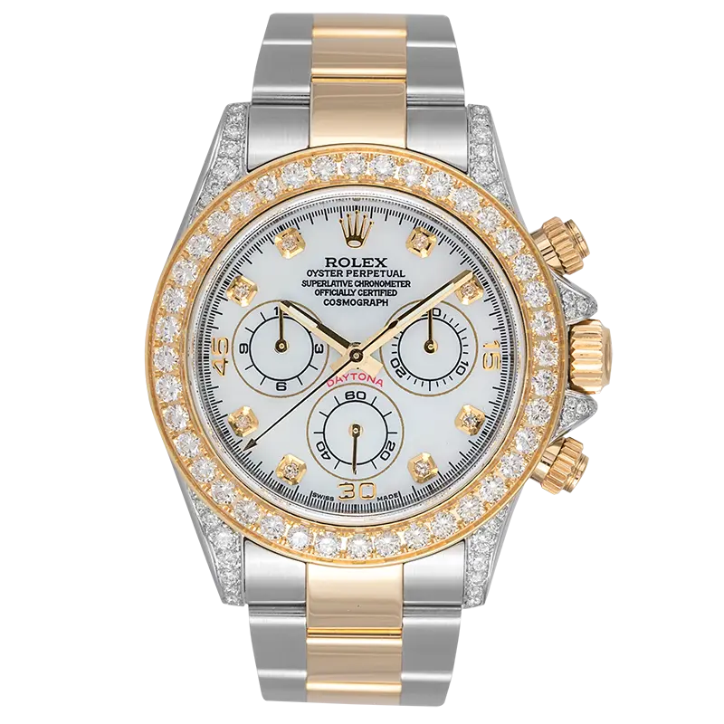 Full view of Cosmograph Daytona 116523 stainless steel with yellow gold
