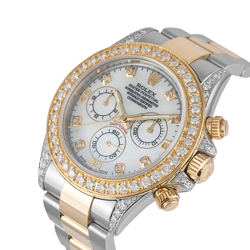 Side view of Rolex Cosmograph Daytona custom round brilliant diamonds bezel