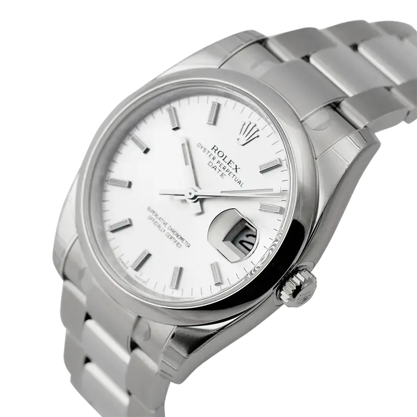 Side view of Rolex Date 115200 automatic movement with silver dial
