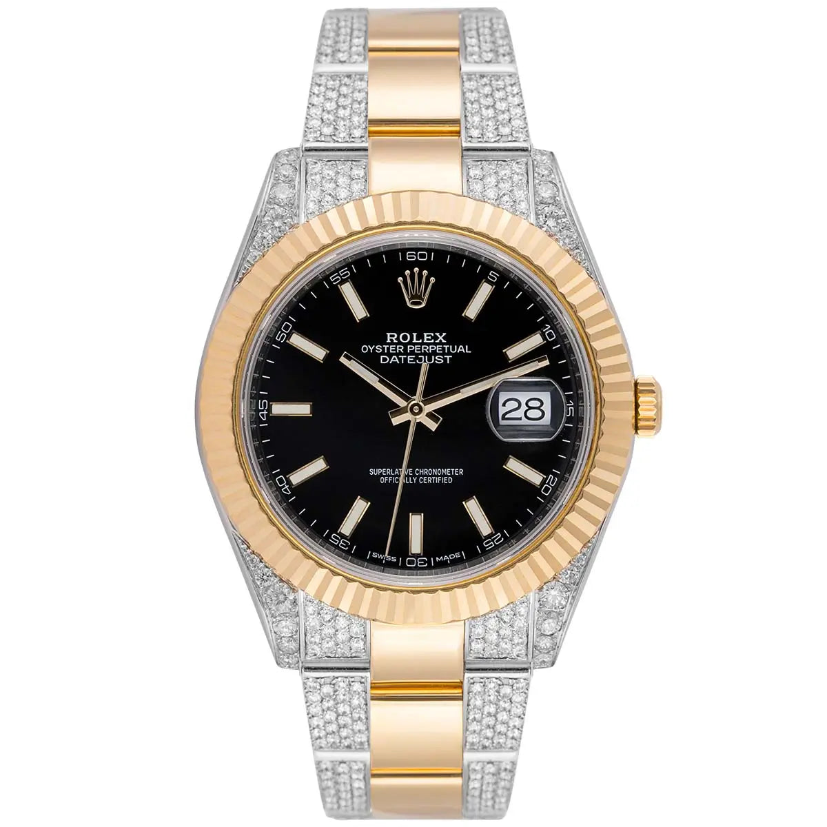 Full view of Rolex 126333 black dial with yellow gold fluted bezel