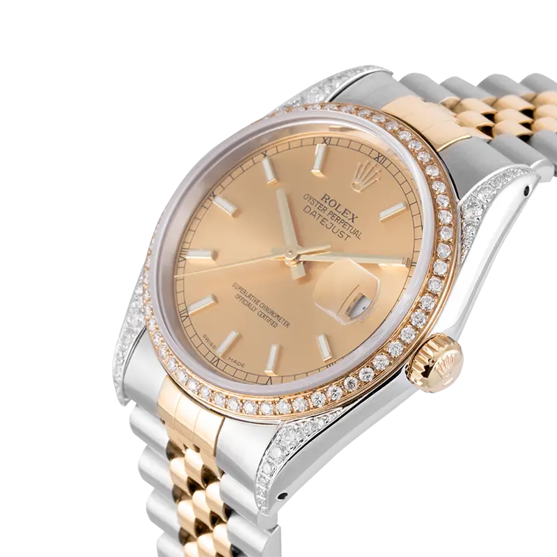 Side view of Rolex 116203 diamond set bezel with custom dial
