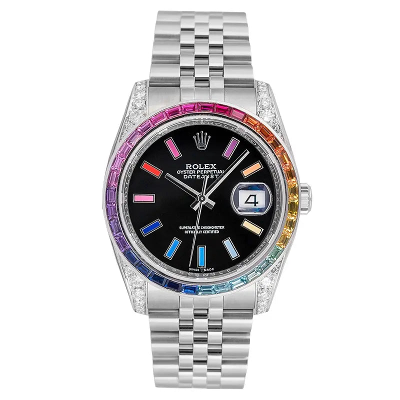 Full view of Rolex 116200 stainless steel with custom bezel set