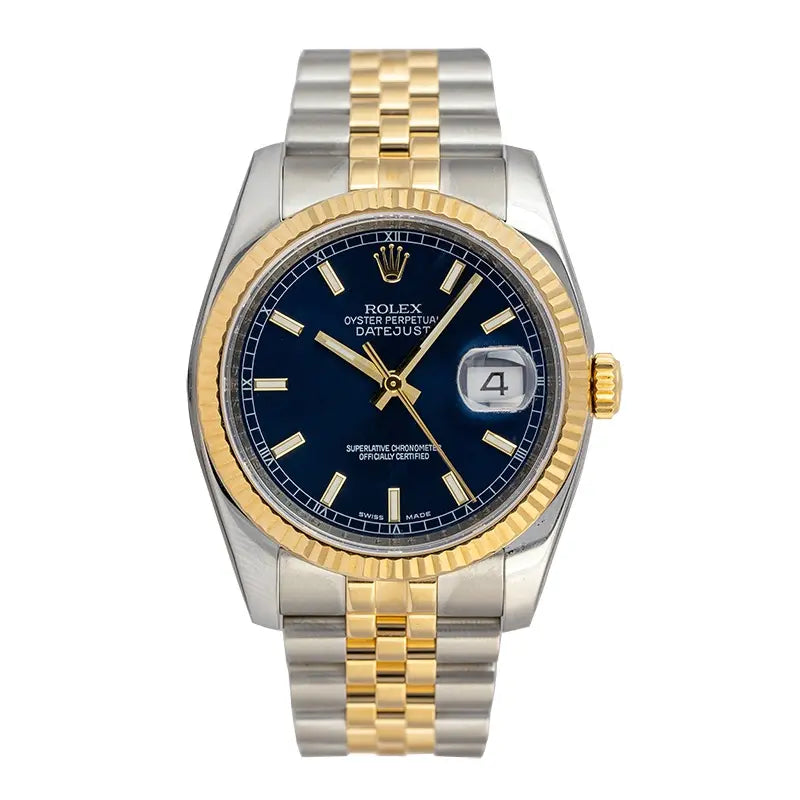 Full view of Rolex 116233 steel/gold metal with blue dial